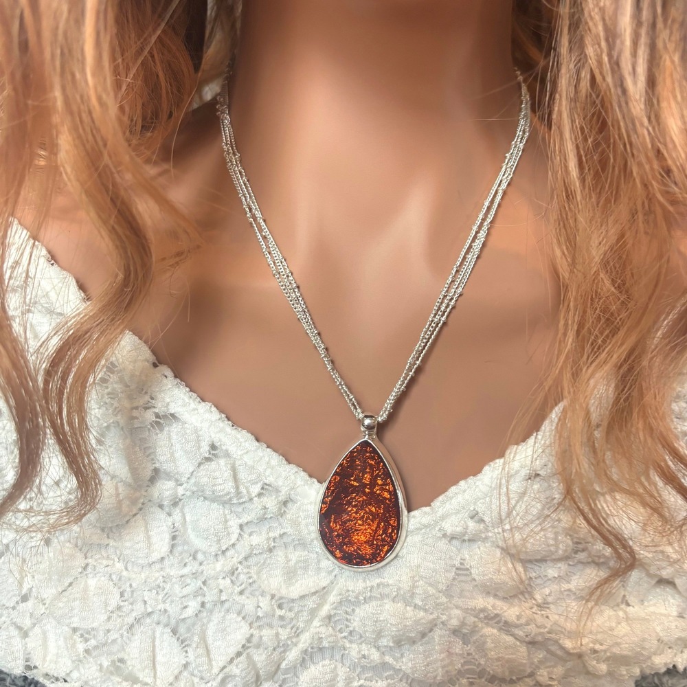 Fairycore Pendant Necklace Silver Tone Orange Teardrop Foil Backed Earthy 21794